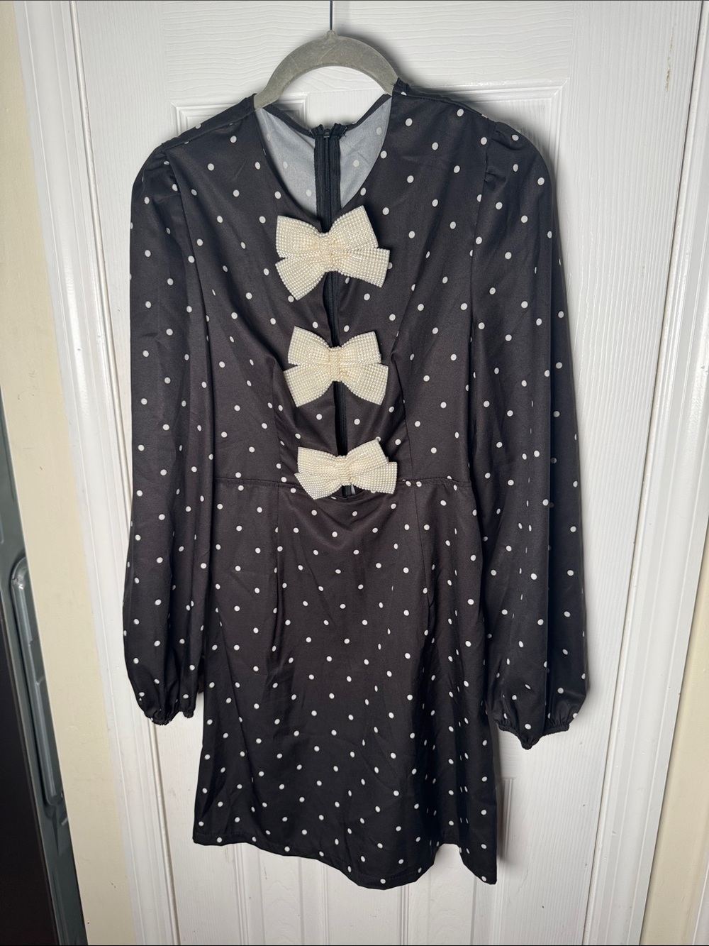 SHEIN Black Polka Dot Long Sleeve Dress with Cream Bow Accents